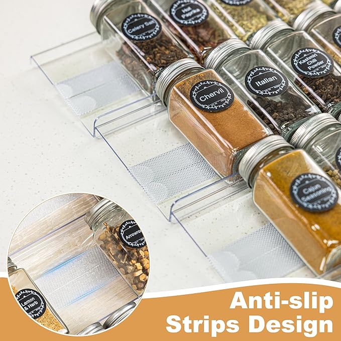 8-Pack Spice Drawer Organizer, Expandable Acrylic Seasoning Rack (13" to 26") with Anti-Slip Mat, Kitchen Spice Rack Drawer Holds up to 56 Jars (Jars Not Included)