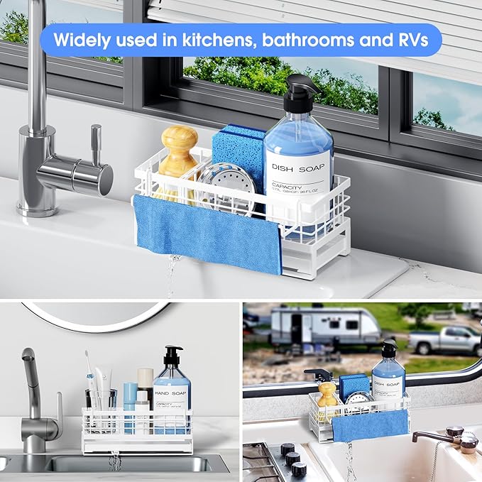 Kitchen Sink Sponge Holder - Self-Draining, Detachable Dish Cloth Holder, Rustproof Kitchen Countertop Organizer (White)