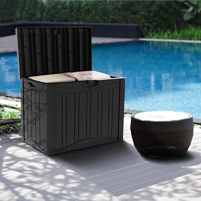 Outdoor Storage Box Waterproof, 50 Gallon Lockable Resin Deck Box Small, Patio Storage Bin for Pool Accessories Cushion Furniture, Garden Tools, UV-Resistant Outside Delivery Black