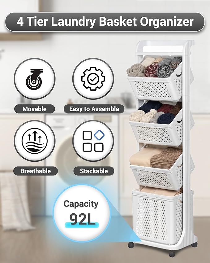 4 Tier Laundry Basket Organizer, 92L Vertical Laundry Hamper, Removable Rolling Sorter Baskets With Wheels for Small Space, Dorm, Bathroom, Bedroom