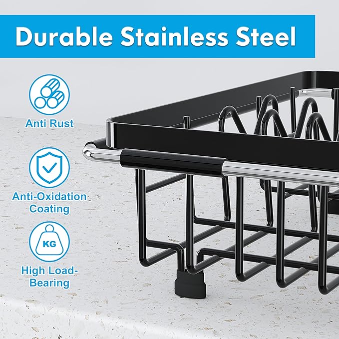 JASIWAY in Sink Dish Drying Rack, Expandable Stainless Steel Dish Drainers for Kitchen Sink, Over Sink Dish Drying Rack with Utensil Holder, 13.4''~16.9''D x 11.8''W, Black