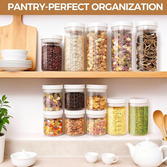 Danbark Set of 6 Mixed Sizes Airtight Glass Storage Canisters with Lids - Pantry Organizers and Storage Glass for Kitchen - for Pantry, Flour, Sugar, Coffee, Tea, Pasta, Rice, and Snacks - White
