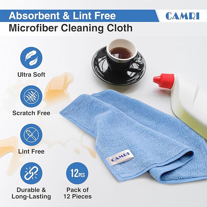 CAMRI Microfiber Towel Cleaning Cloth – Pack of 12, Size 12.6” x 12.6”, Blue, Lint Free, Super Absorbent, Streak Free, Washable, Multipurpose Cleaning Rags for Kitchen, Glass, Car, Mirror