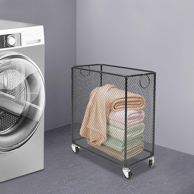 Black Metal Laundry Basket with Wheels, Rolling Laundry Hamper Cart Metal Mesh Laundry Clothes Sorter Storage Cart Organizer Basket Durable for Home