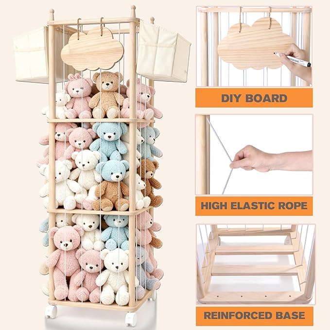 Stuffed Animal Storage & Organizer, with 2-Piece Large Detachable Toy Storage Bags, Wooden Tall Zoo Toys Storage with Wheels for Kids Playroom Kidroom Bedroom, Easy Assemble, 53 Inch