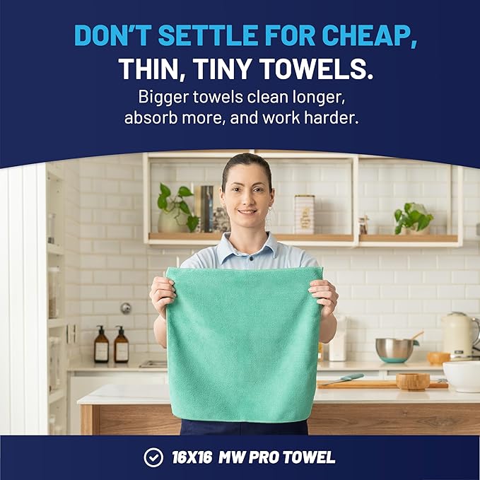 MW Pro Microfiber Cleaning Cloth | Green (12 Pack) | Size 16" x 16" | All Purpose Microfiber Towels - Clean, Dust, Polish, Scrub, Absorbent