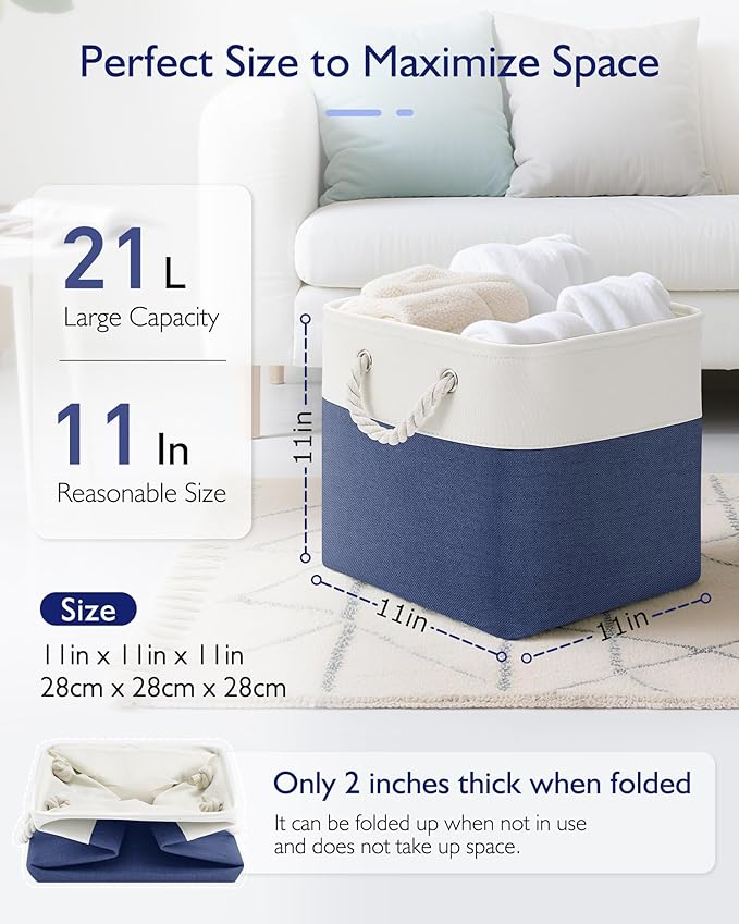 11 Inch Cube Storage Bins, 6 Pack Fabric Storage Cubes with Rope Handles, Organizer Baskets for Closet Shelves, Clothes and Home Organization(White/Blue)