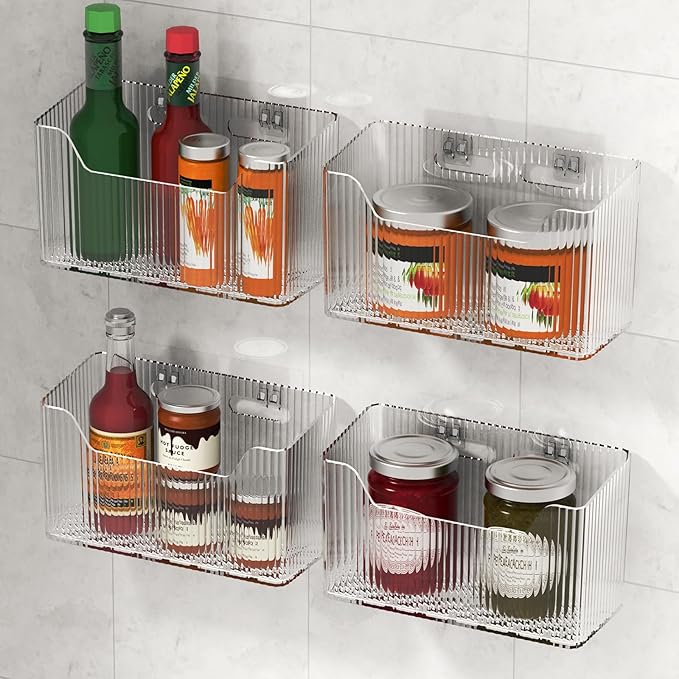 2 Pack Cabinet Door Organizer, Inside Cabinet Door Storage, Shower Caddy Stackable Clear Plastic Makeup Organizer Adhesive Hanging Bin for Kitchen Cabinets, Bathroom, Pantry, Office