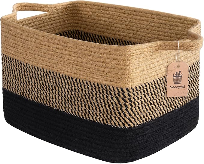 Goodpick Woven Storage Baskets for Organizing, Cotton Rope Organizer for Living Room Bedroom, 13"x10"x9" Rectangle Dog Toy Basket with Handles, Stylish Gift Baskets Empty, Black & Jute