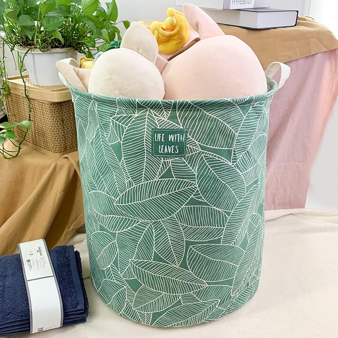 Mziart Large Foldable Laundry Basket Organizer, Collapsible Laundry Hamper Fabric Clothes Toy Storage Basket Nursery Hamper Storage Bin for Household Bedroom, Bathroom, College Dorm (Big White Leaf)