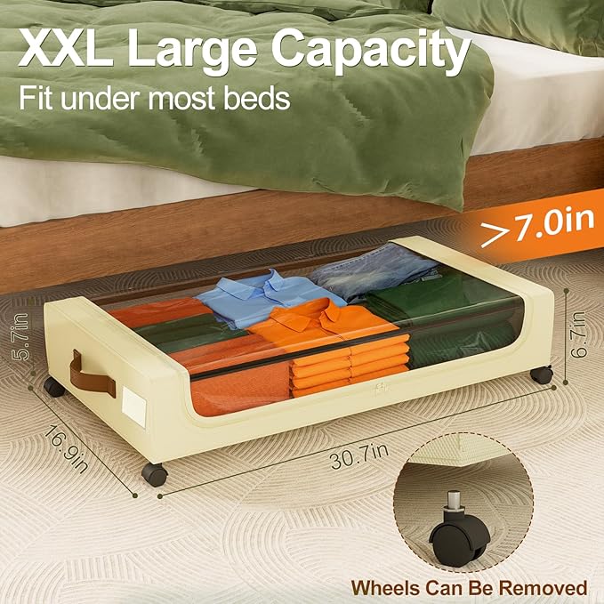 GoMaihe Under Bed Storage with Wheels: 48L Underbed Storage Containers with Lids - Rolling Bins for Shoes Clothes in Dorm Bedroom - Metal Drawers Easy Pull-out Beige 2-Pack