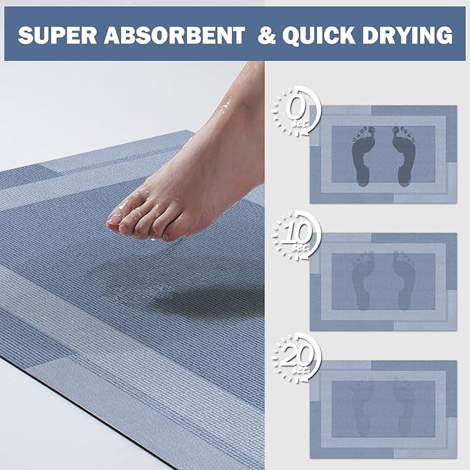 YDKGL Non Slip Bath Mat, Rubber Backing Ultra Thin Bathroom Rugs Fit Under Door Quick Dry Super Absorbent Washable Bath Rug Shower Mat for Bathroom Floor Bathtub Shower Sink, Easy Care Blue 16"x 24"