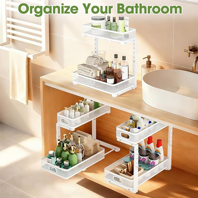 Under Sink Organizer 2-Pack, Metal 2-Tier Pull-Out Cabinet Shelf with Slide-Out Mesh Drawers, Height Adjustable, Space-Saving Under Sink Storage Racks for Kitchen, Bathroom, Laundry Room, White