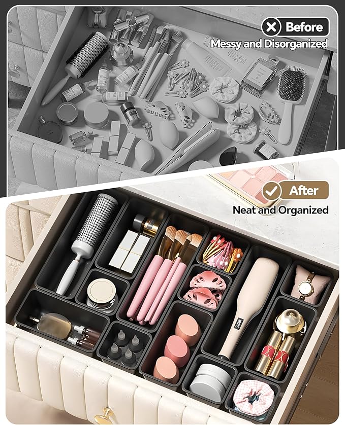 13 Pack Plastic Drawer Organizers Set, 3 Sizes Desk Drawer Organizer Trays for Vanity and Makeup Organizer, Organization and Storage for Makeup, Kitchen Utensils, Bathroom and Office(Black)