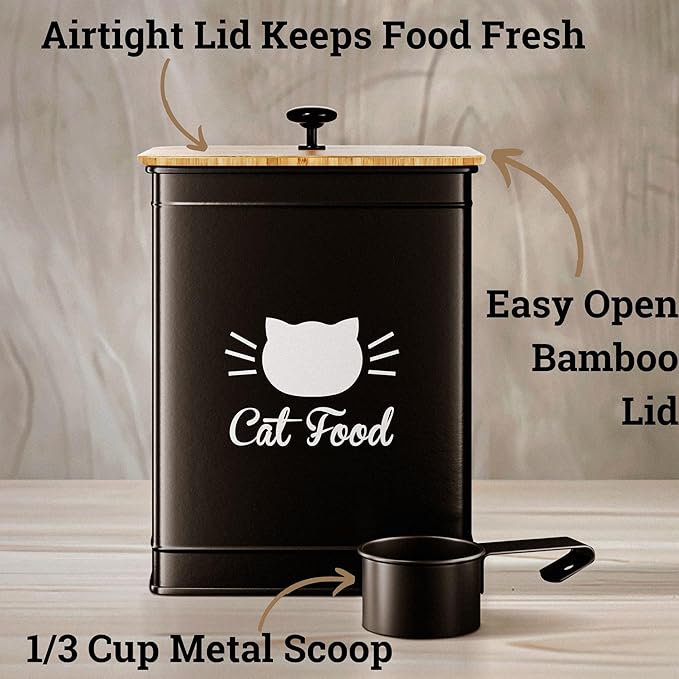 Cat Food Storage Container with Scoop - 5-7 lb (25 Cup) Capacity Metal Cat Food Container with Airtight Bamboo Lid and Metal Scoop - Airtight Pet Food Storage Containers 5 lb - 7 lb Kibble Container
