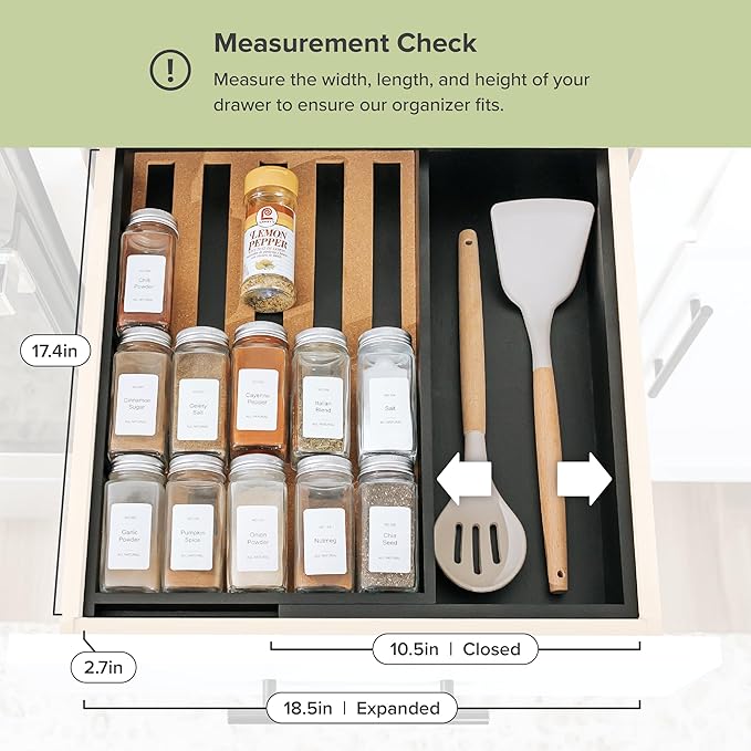 KitchenEdge Spice Drawer Organizer with Expandable Storage. Holds up to 15 Spice Jars (Not Included), Non-Slip Feet, Kitchen Accessory Storage, 100% Sustainable Bamboo Wood, Food-Safe Black Finish