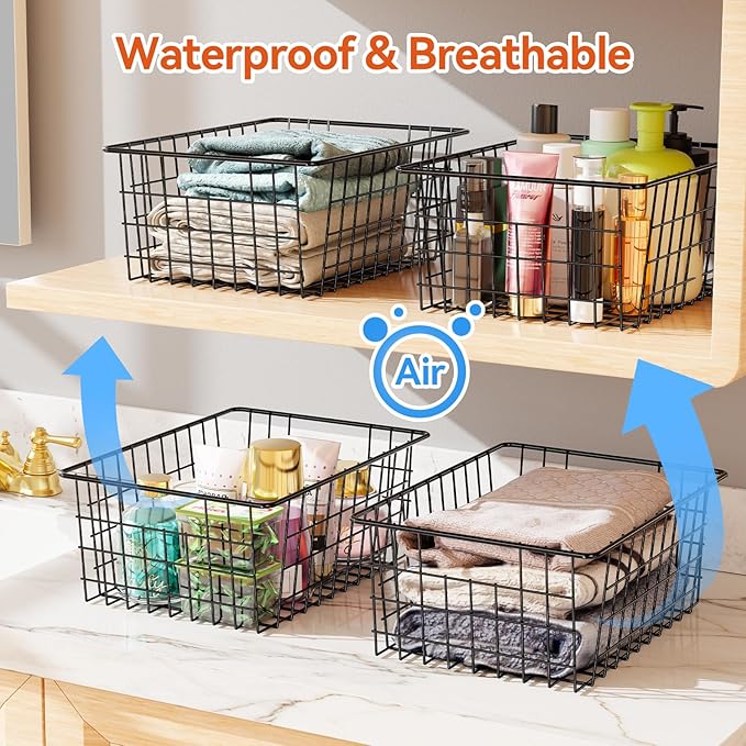 SUFAUY 6 Pack Utility Wire Shelves for Storage and organization, Sturdy Steel Large Metal Basket with Handle, Stackable Organizer, Black