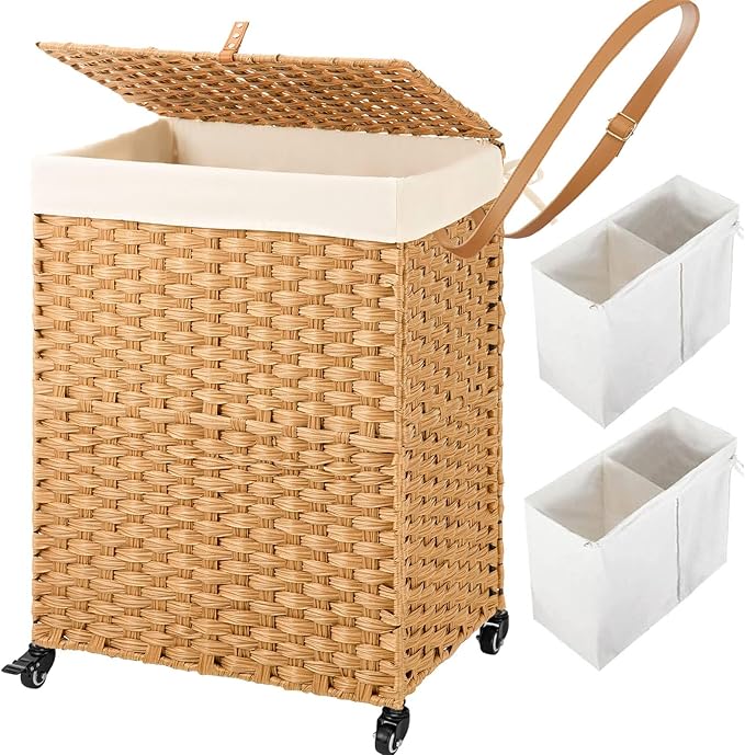 Greenstell Laundry Hamper with Wheels, No Install Needed, 90L Divided Handwoven Hampers & 2 Removable Liner Bags, Synthetic Rattan Clothes Laundry Basket with Lid & Handles, Foldable Hampers Natural