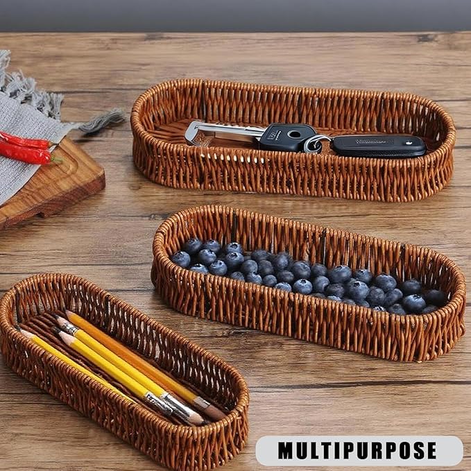 Set of 3 Silverware Drawer Organizer Makeup Baskets, Wicker Flatware Organizer for Knives Spoons Fork , Utensil Basket for Kitchen Drawers Cutlery Holder for Party Brown