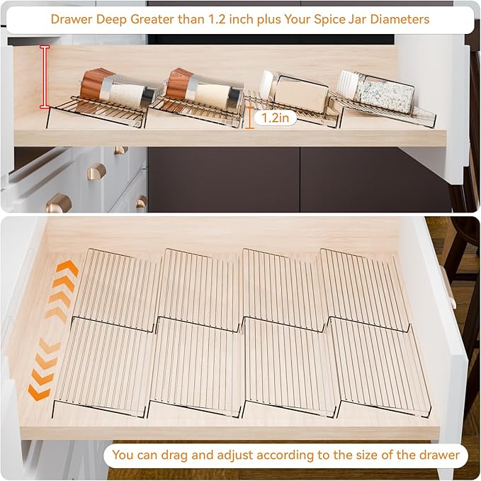 Yieach 8 Pack Adjustable Narrow Spice Rack for Drawer - Expandable From 9" to 17.7" - Acrylic Drawer Seasoning Organizer,Tiered Clear Spice Tray for Spices,Condiment,Nail Polish and Jar Organization