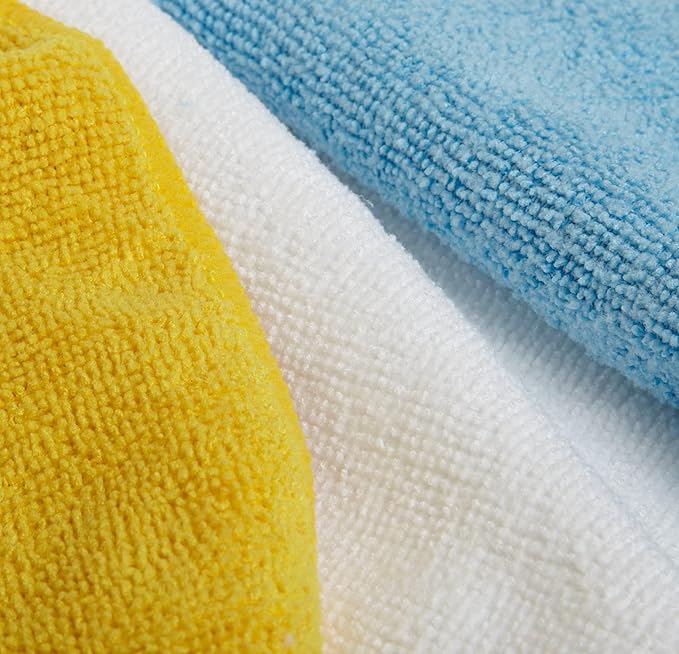 Amazon Basics Microfiber Cleaning Cloths,Ultra Absorbent,Scratch-Free,Highly Absorbent,Non-Abrasive,Reusable and Washable,16" x 12",Blue/White/Yellow,(Pack of 288)