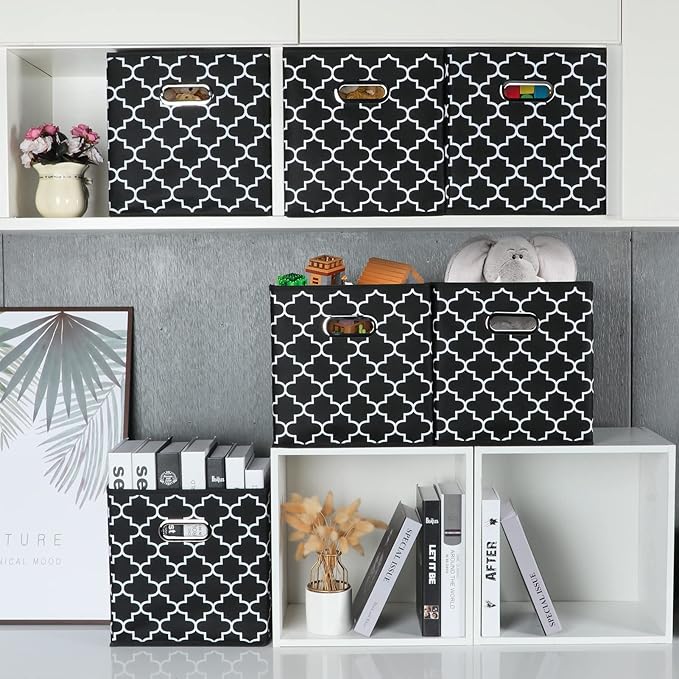 STOREONE Fabric Storage Bins Cubes Baskets Containers-(11X11X11) with Dual Metal Handles for Shelf Closet, Bedroom Drawers Organizers, Foldable Set of 3 (Black Light)