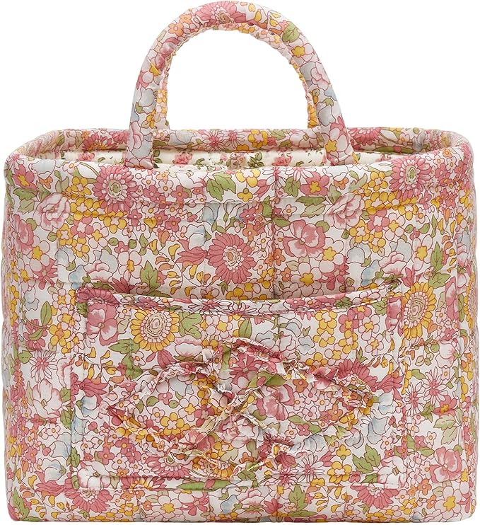 Quilted Fabric Storage Baskets with Handles, Boho Floral Gift Basket Foldable Organizer Bin for Home Decor, Picnic, Travel 12''x10''x10'' (Orange)