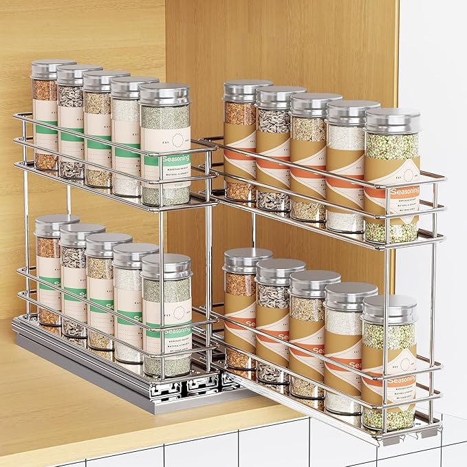 Pull Out Spice Rack Organizer for Cabinet, Slide Out Spice Racks, Easy to Install Spice Cabinet Organizers, 5.28" Wx10.43 Dx8.26 H, 2 Drawers 2 Tiers(Silver)