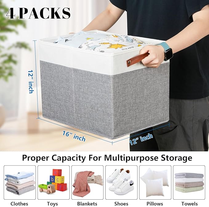Bidtakay Large Storage Bins 4-Pack Collapsible Fabric Storage Baskets for Organizing 16x12x12 Inches White/Light Grey