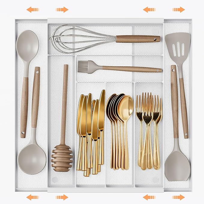 Silverware Organizer Metal Mesh, Large Drawer Organizer, Utensil Cutlery Tray for kitchen drawers, Expandable Flatware Organizer with 8 Compartment White 11.6"~20" x 17.3"