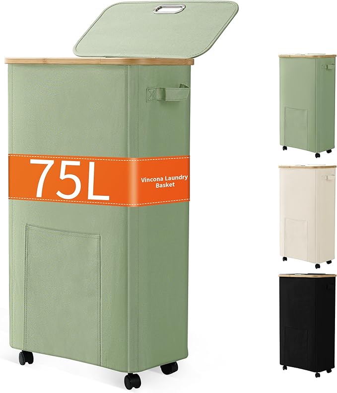 Laundry Basket with Wheels, Dirty Clothes Hamper on Wheels, Rolling Tall Laundry Hamper with lid for Laundry Room, Dorm and Bathroom, 75L Sage Green