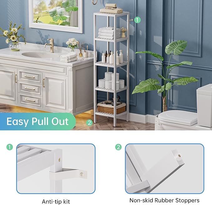 SMIBUY Bathroom Storage Shelf, 5-Tier Bamboo Rack Organizer, Multifunctional Shelving Unit for Living Room Bedroom Kitchen (White)