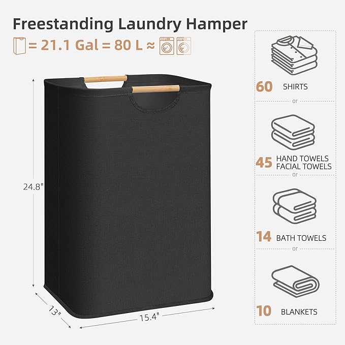STORAGE MANIAC Large Laundry Hamper, 80L (21.1 Gal) Collapsible Laundry Basket with Bamboo Handles, Freestanding Waterproof Clothes Hamper for Laundry Room, Bedroom, Dorm, Towels, Toys, Black