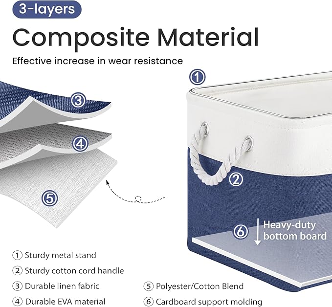 Large Storage Baskets- 15x11x10 inch Storage Bins for Shelves and Closet Organizing, Foldable Fabric Bin for Home Organization Clothes and Laundry (6-Pack, White&Blue)