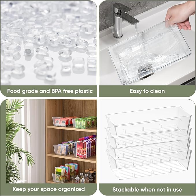 BALEINE Clear Plastic Storage Bins with 3 Removable Dividers, Pantry Organization, BPA Free Stackable Refrigerator Organizers and Storage for Kitchen Fridge Cabinet Bathroom (10.5x6.1x3.5, 6PK)