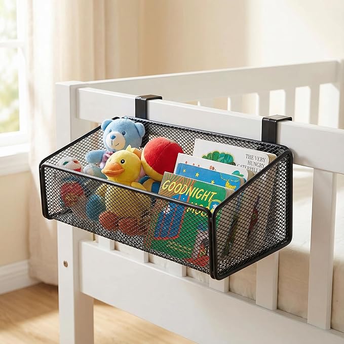 Bedside Caddy Shelf Hanging Storage Basket for Bunk Bed and Office Cubical Walls,Baby Bed Rails,College Dorm Bed Organizer - 5 Pairs Sized Hooks-for Phone Glass Magazine Decor (White)