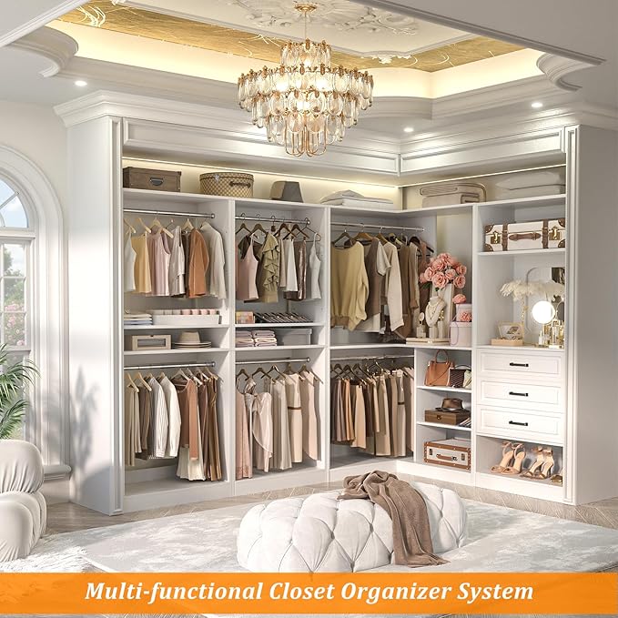 Unikito Closet System with Drawers，86” Modular Corner Closet Organizer System with Mirror，Freestanding Wood Wardrobe Organizer with Hanging Rods & Adjustable Shelves, Walk in Closet Tower, White