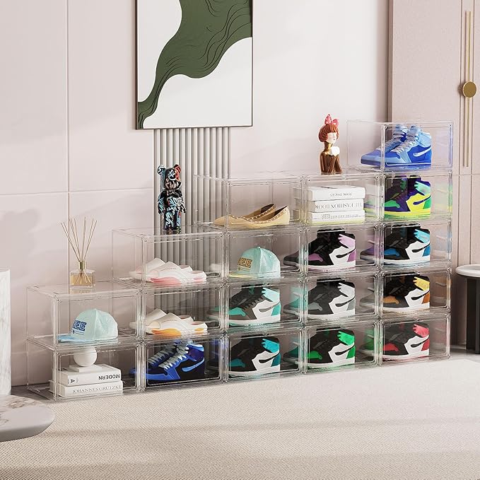 HIYOHIYO 2-Pack Acrylic Clear Stackable Shoe Boxes - 360 Clear Acrylic Display Shoes Boxes - Fully Transparent Display Box with Magnetic Door - Size 14