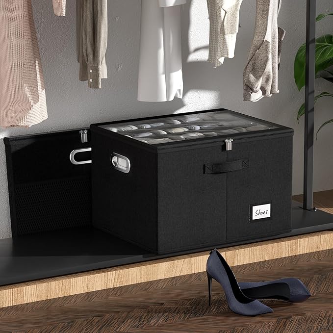 Shoe Organizer for Closet, Large Shoe Box Storage Containers with Clear Window, Space Saving Shoe Bin with Foldable Bottom Support Adjustable Dividers - Fits 16 Pairs (Black, (19.7*15.7*13)x1)