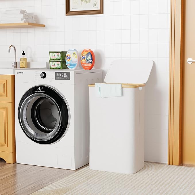 SUOCO Laundry Hamper with Lid, 29 Gal (110L) Clothes Basket with Bamboo Handles, Large Foldable Laundry Hamper for Bedroom, Bathroom, Dorm, Laundry Room - White