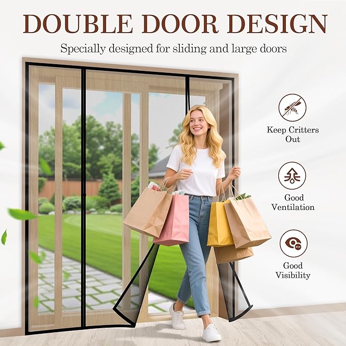 Yotache Magnetic Screen Door Fit 80" Wide x 96" Height Doors, Screen Size 82" W x 97" L, Double-Sided Opening Screen Reinforced Mesh with Strong Magnets for Balcony, French, Sliding Glass Door