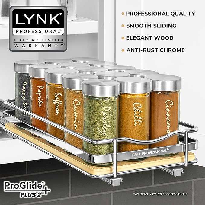 LYNK PROFESSIONAL® Élite™ Pull Out Spice Rack Organizer for Inside Kitchen Cabinets - 6-3/8 inch Wide - Slide Out Drawer – Wood/Chrome Sliding Spice Organization for cabinet - Spice Racks - 1 Tier