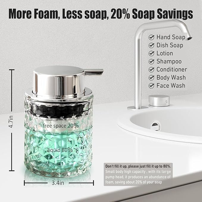 Malachi Foaming Hand Soap Dispenser, Refillable Clear Glass Pump Bottles for Liquid or Lotion, Modern Foam Dispenser for Bathroom, Kitchen, Commercial