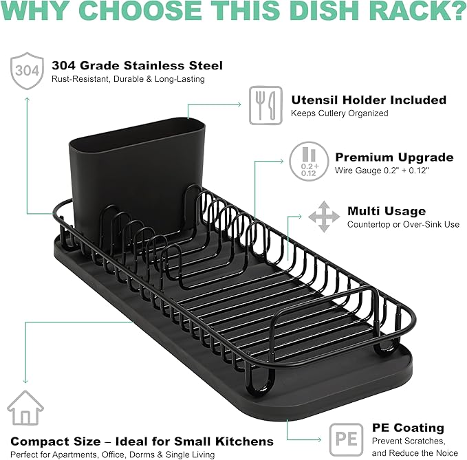 SunnyPoint 304 Stainless Steel NeverRust Compact Dish Drying Rack with Utensil Holder & Removable Drain Tray, Rustproof Small Dish Rack for Kitchen Countertop or Over Sink – Black