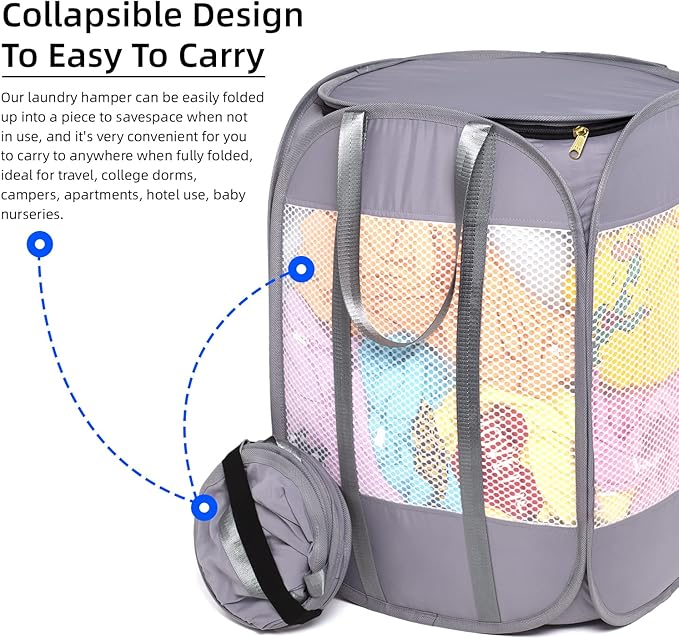 1.5 Loads, Pop-up Laundry Hamper with Extended, Thickened and Reinforced Handles, Tear Proof, Laundry Basket with Zipper Lid, With YKK Zipper, Honey Comb Mesh, Breathable, 14.9"*14.9"*21.6" (white)