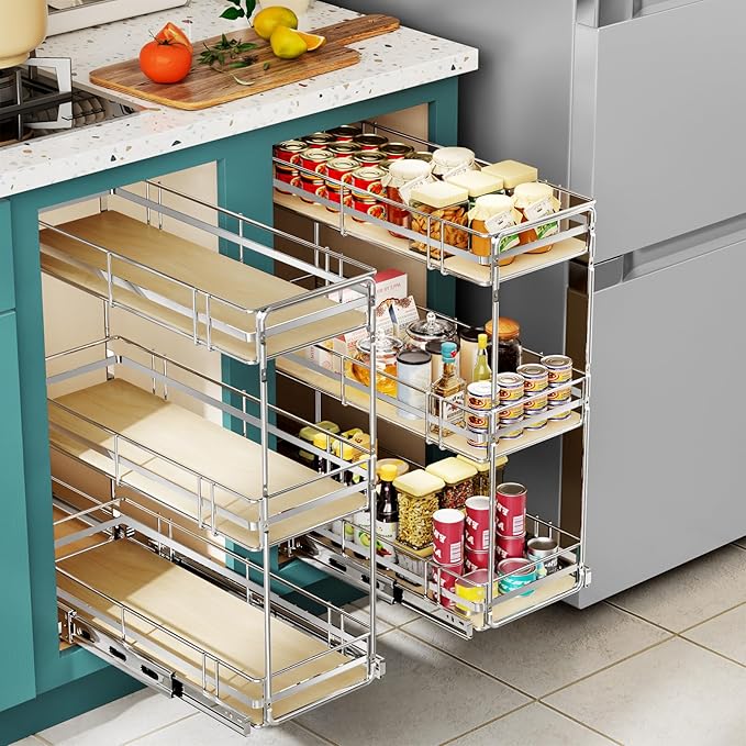 Pull Out Spice Rack Cabinet Organizer 8" W x 20½" D, 3 Tier Heavy Duty Slide Out Wood Shelf for Narrow Cabinet, Pull Out Storage for Kitchen