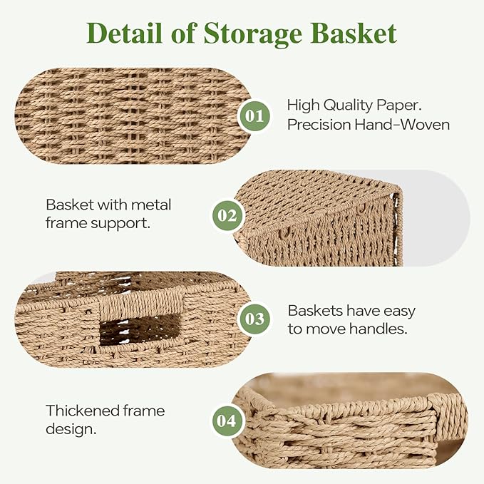 Woven Wicker Storage Baskets 4-Pack, 11x11 Handwoven Paper Rope Organizer Bins, Foldable Cube Storage Cubes with Built-in Handles for Shelves and Closet Organization(Natural Beige)