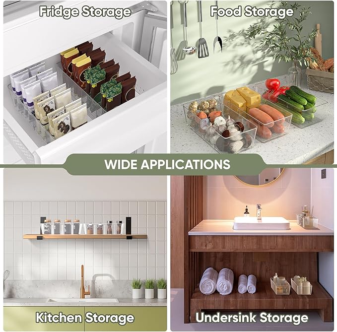 BALEINE Clear Plastic Storage Bins with 3 Removable Dividers, Pantry Organization, BPA Free Stackable Refrigerator Organizers and Storage for Kitchen Fridge Cabinet Bathroom (10.5x6.1x3.5, 6PK)