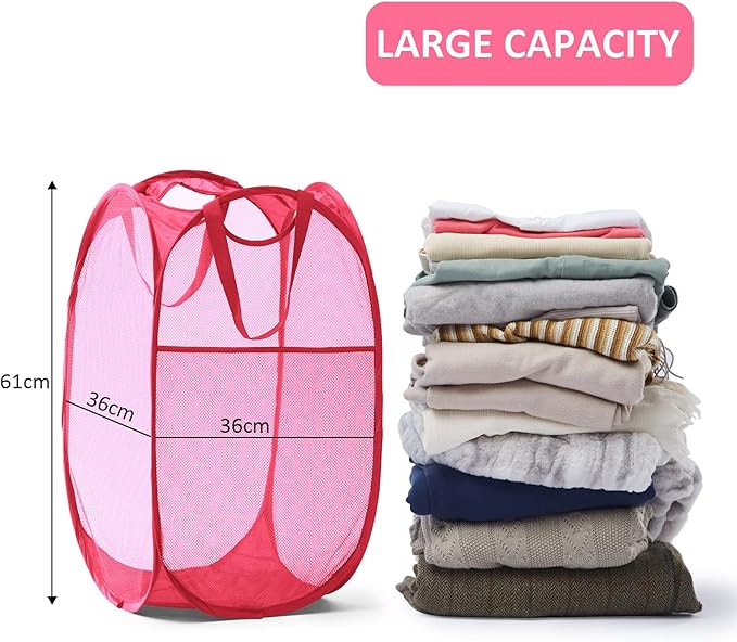 TECHMILLY Collapsible Mesh Pop Up Laundry Hamper with Sturdy Handles and Side Pocket - Portable Foldable Clothes Baskets for Dorm, Bathroom & Travel Storage (Pink, 2 Packs)