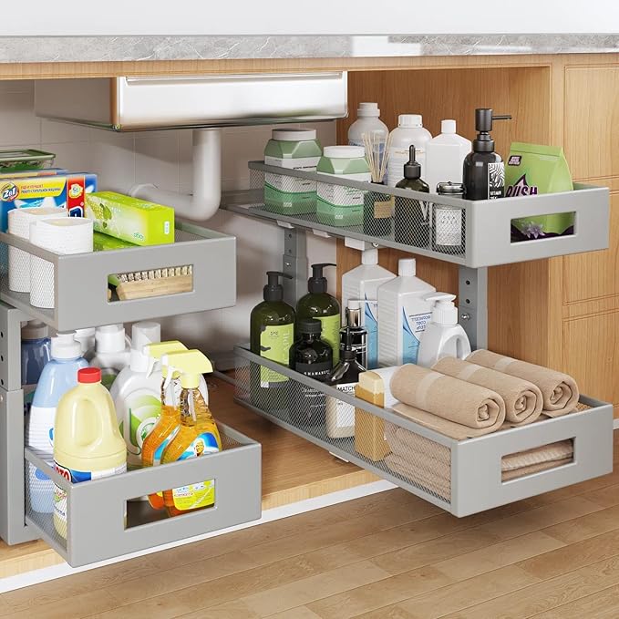 2 Packs 19IN Depth Under Sink Organizer, 2-Tier Pull Out Cabinet Organizer With Smooth Circular Rail, Large Capacity Metal Mesh Sliding Drawers For Bathroom& Kitchen Storage,Height Adjustable–Gun Gray